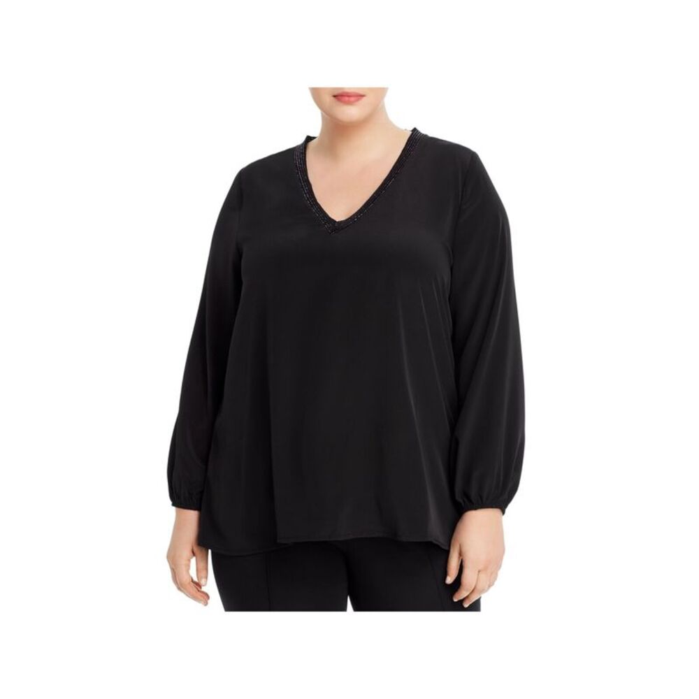 COLLECTION BY BOBEAU Womens Black Metallic Long Sleeve V Neck Tunic Top Plus 1X